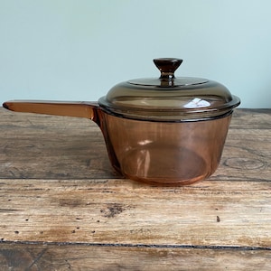 Visions 1L Corning Ware V-1-B France Amber Brown Saucepan Pot w/ Pyrex Lid VTG