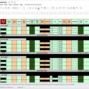以下が含まれることがあります： 緑、黒、白のカラーテーマのスプレッドシート。スプレッドシートのタイトルは「Buy/Write Strategy Spreadsheet」。スプレッドシートには、「Block Symbol」、「Purchase Price」、「Purchase Date」、「Current Stock Price」、「Open Date」、「All GTE」、「Exp Date」、「GTE」、「Current Stock Price」、「Break Even Price」、「Strike Price」、「Premium」、「C or P」、「PL」、「Fees」、「Exit Price」、「Close Date」、「Profit/Loss」、「Total Profit」、「ROI」、「PPO」、「Status」、「Notes」の列があります。