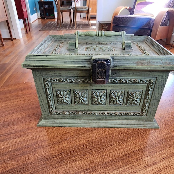 Green Max Klein Faux Wood Sewing Box with Thread Tray, 70s Avocado Green Sewing Notion Organizer Basket, Vintage Sewing Craft Storage