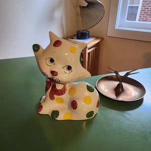 Quadrifoglio Polka Dot Ceramic Cat Money Bank, Milvia, Italy 1950s