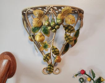 Decoline~Design Italian Toleware Metal Mixed Fruits & Leaf Wall Sconce 1960's