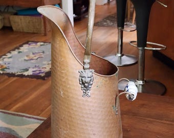 Vintage French Copper Brass Ceramic Metal Coal Shuttle bucket fireplace / furniture umbrella stand c1970-80's