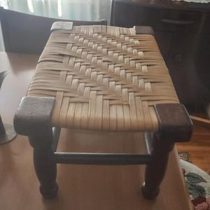 Antique / Vtg Woven Rattan Wooden Foot Stool