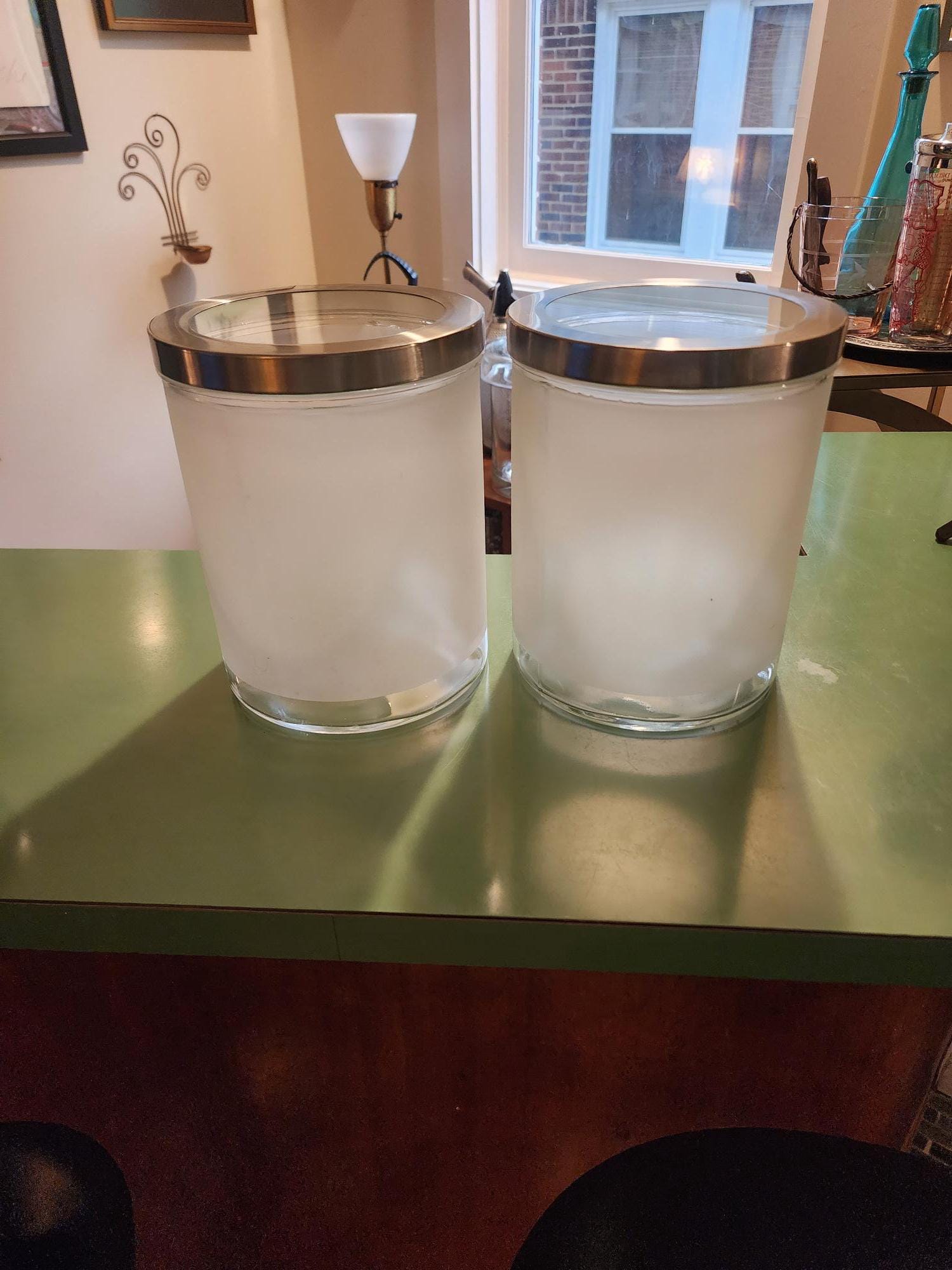 2 IKEA Droppar Frosted Glass Storage Containers Jars w/Lids by Maya Robert
