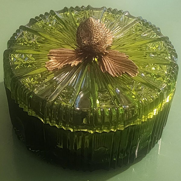 Emerald Green Cut Glass Candy Dish with Brass Strawberry Finial