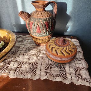 Aldo Londi Bitossi Lava Glaze Italian Ceramic Pitcher and matching Italian Ceramic Covered Bowl