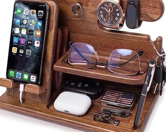 Holz Personalisierte Docking-Station-Tablet-Gadgets-iWatch Station-Zubehör-Desk Organizer-Geschenke für Männer-Holz-Dock