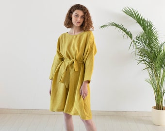 Boho Linen Loose Fit Dress, Yellow Linen Boho Summer Dress,Oversized Linen Clothing For Women,Organic Summer Dresses For Women,Gift For Her