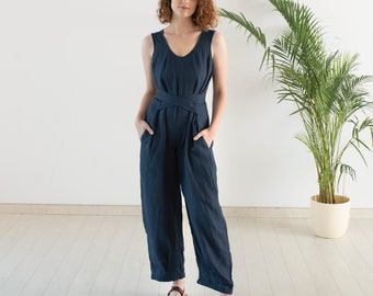 Navy Blue Linen Belted Jumpsuit,Linen Sleeveless Overall,Summer Linen Jumpsuits For Women Clothing,Organic Linen Party And Cocktail Jumpsuit