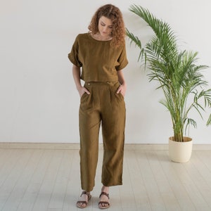 Linen Top And Pant Set For Women,Sustainable Linen Co-ord Set, Loose Fit Linen Top With Straight Pant Set, Boho Summer Clothing For Women