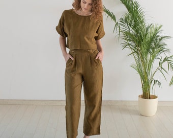 Linen Top And Pant Set For Women,Sustainable Linen Co-ord Set, Loose Fit Linen Top With Straight Pant Set, Boho Summer Clothing For Women