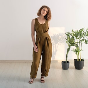 Olive Green Wrap Linen Jumpsuit,Linen Sleeveless Romper for Women,Summer Linen Belt Jumpsuit,Loose Fit LinenClothing,Linen Overall For Women