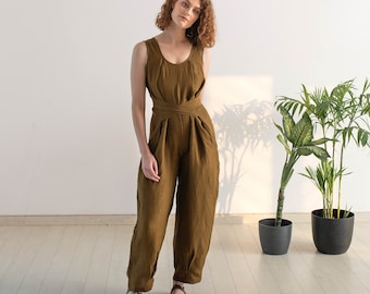 Combinaison en lin olive Green Wrap, Baroudeuse sans manches en lin pour femmes, Combinaison de ceinture en lin d’été, Linge ampleVêtement, Ensemble en lin pour femmes