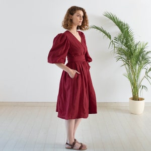 Boho Summer Wrap Dress For Women, Organic Red Linen Wrap Dress, Organic Party And Cocktail Linen Dresses, Linen Bridesmaid Dresses For Women image 4