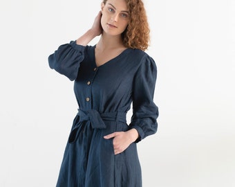 Blue Button Down Dress with Belt For Women, Linen V-neck Dress Midi Dress,Blue Linen Bridesmaid Dress, SUstainable Linen Clothing for Women,