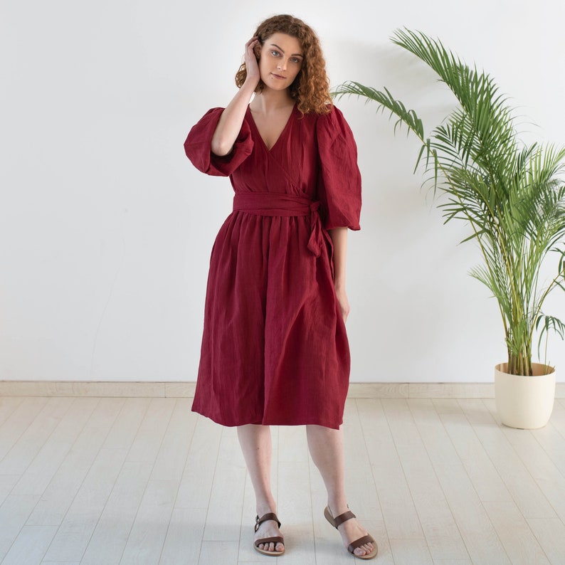 Boho Summer Wrap Dress For Women, Organic Red Linen Wrap Dress, Organic Party And Cocktail Linen Dresses, Linen Bridesmaid Dresses For Women image 5