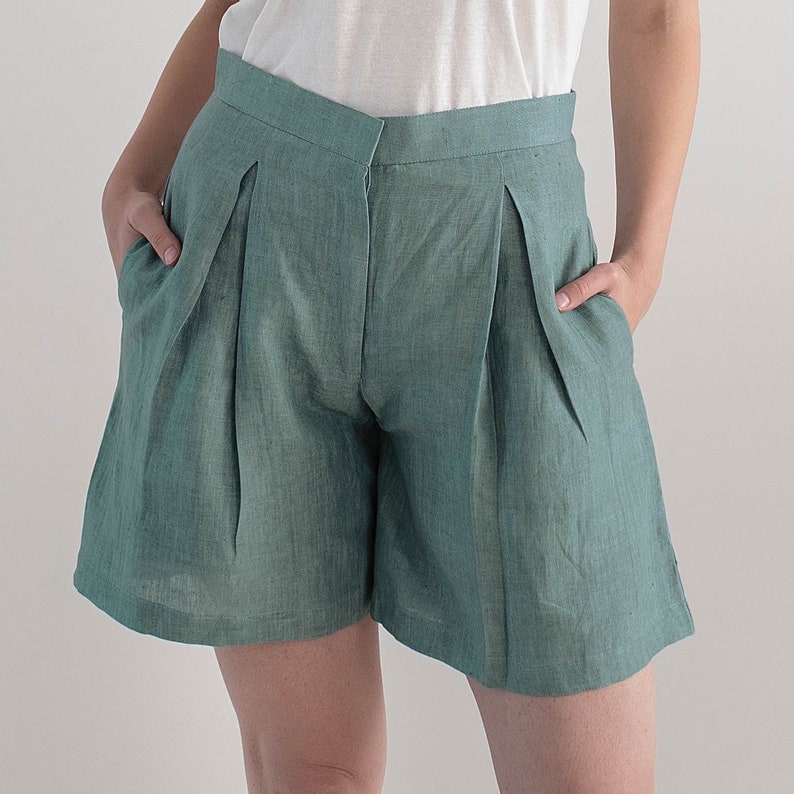 Grey Blue Linen Shorts for Woman, High Waist Shorts, Linen Clothing, Linen Shorts For Women, Flared Leg Linen Shorts image 4
