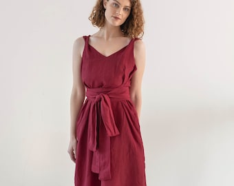 V Neck Linen Summer Dress, Wrap Linen Dress With Belt, Sleeveless Bridesmaid Linen Dress, Organic Summer Wrap Linen Dress, Linen Clothing