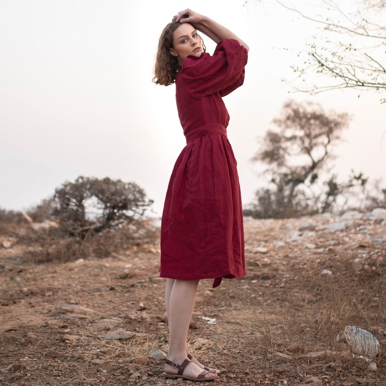 Boho Summer Wrap Dress For Women, Organic Red Linen Wrap Dress, Organic Party And Cocktail Linen Dresses, Linen Bridesmaid Dresses For Women image 2