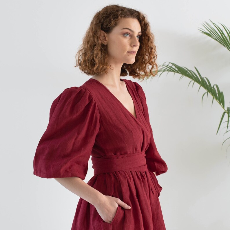 Boho Summer Wrap Dress For Women, Organic Red Linen Wrap Dress, Organic Party And Cocktail Linen Dresses, Linen Bridesmaid Dresses For Women image 7