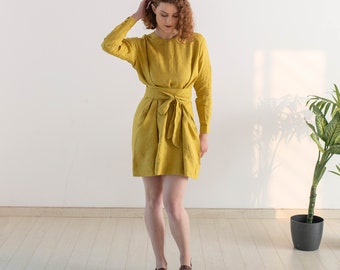 Moss Yellow Belt Linen Dress, Organic Summer Linen Midi Length Dress,Long Sleeves Boho Summer LInen Dress For Women,Loose Fit Linen Clothing