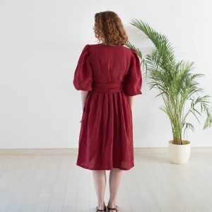 Boho Summer Wrap Dress For Women, Organic Red Linen Wrap Dress, Organic Party And Cocktail Linen Dresses, Linen Bridesmaid Dresses For Women image 6