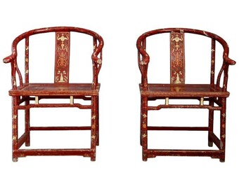 Pair of Chinese Chair in Lacquered Red Wood and Gold of 18th Century