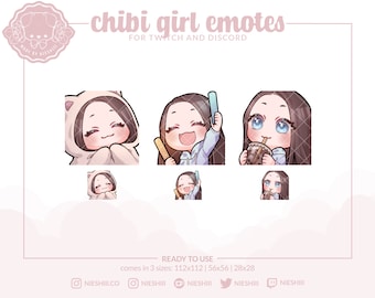 Brown Hair Blue Eyes / Chibi Girl Twitch Emote / Kawaii Aesthetic / Streamer / Premade / Cute Emote Pack