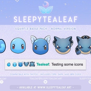 Może przedstawiać: Grafika cyfrowa przedstawiająca pakiet odznak Squirtle z pięcioma różnymi niebieskimi wzorami postaci. Wyświetlany jest tekst "SLEEPYTEALEAF" i "SQUIRTLE BADGE PACK - NORMAL VERSION". Obraz zawiera tekst "Tealeaf: Testing some icons".