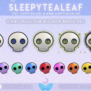 Pode incluir: Um conjunto de 10 emblemas digitais de sub e cheer do Twitch de caveira chibi. Os emblemas apresentam uma caveira branca com olhos pretos, olhos azuis, olhos verdes com chamas e várias variações de cor. Os emblemas são para download e prontos para usar.