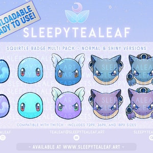May include: A digital download pack of eight Squirtle badges in various sizes. The badges feature a blue Squirtle with a light blue shell and a purple Squirtle with a light purple shell. The badges are available in normal and shiny versions. The text "SLEEPYTEALEAF" is at the top of the image.