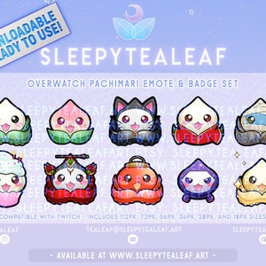 Puede incluir: Un conjunto de ocho emoticonos y badges de Overwatch Pachimari con una variedad de personajes en diferentes poses y atuendos. Los emoticonos están diseñados en un estilo lindo y de dibujos animados y son compatibles con Twitch. El conjunto incluye tamaños que van desde 18 píxeles hasta 112 píxeles.