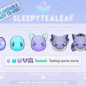 Może przedstawiać: Zestaw czterech ikon odznak Squirtle w różnych pozach. Ikony są w stylu kreskówkowym i mają niebiesko-fioletowo-zieloną kolorystykę. Tekst "Tealeaf: Testing some icons" jest wyświetlany pod ikonami.