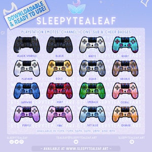 Op de afbeelding: Een set van 12 PlayStation-controllerpictogrammen in verschillende kleuren, waaronder zwart, wit, platina, goud, zilver, brons, saffier, robijn, smaragd, koraal, roze, hemelsblauw en oranje. De pictogrammen zijn beschikbaar in 112px, 72px, 56px, 36px, 28px en 18px. De tekst "SLEEPYTEALEAF" staat bovenaan de afbeelding, en de tekst "AVAILABLE AT WWW.SLEEPYTEALEAF.ART" staat onderaan de afbeelding.