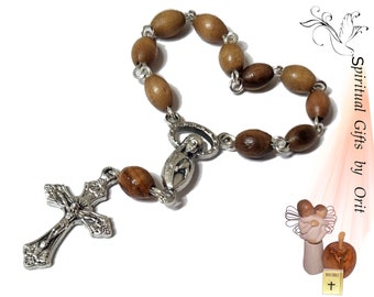 Coroncina tascabile in legno d'ulivo, rosario da dito, perline da preghiera cattoliche lunghe 3,8", rosario a croce, perline in legno d'ulivo, rosario cattolico, regalo