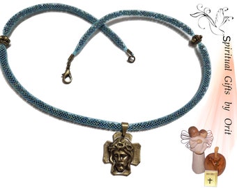 Sky Blue Mesh Tube Filled with Beads Necklace with Bronze Beads and Agony of Christ Pendant