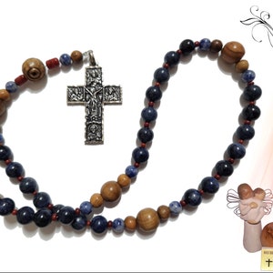 Sterling Silver Rosary Gemstone Lapis Lazuli with Coral And Olive Wood Beads