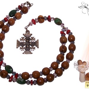 Anglican Rosary Semi-Precious Stones Olivewood Necklace with Sterling Silver Jerusalem Cross