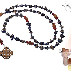 Halbedelsteine mit katholischem Rosenkranz aus Olivenholz (50 cm lang)