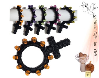 Rosario da dito fatto a mano con croce annodata, rosario cattolico, perline da preghiera