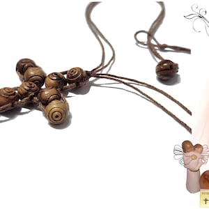Threaded Cross Pendant with Olive Wood 8mm Carved beads Necklace