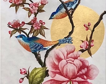 Chinoiserie Bird Art Print with 24 Carat Gold Leaf/ Giclee Print Wall Art/ Mother's Day Gift