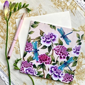 Chinoiserie-wenskaart/wenskaart pioen libelle/lege wenskaart/luxe Moederdagkaart/luxe verjaardagskaart kaart voor alle gelegenheden