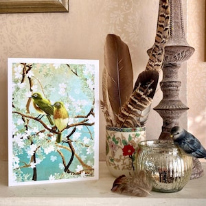 Chinoiserie-vogelwenskaart/witte bloemen en groene vogels, blanco kaart/kunstkaart met bloemen en vogels/origineel kunstwerk/luxe Moederdagkaart