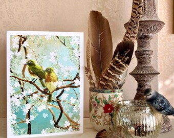 Carte de voeux oiseau chinoiserie/Carte vierge fleurs blanches et oiseaux verts/Carte d'art floral et oiseau/Oeuvre d'art originale/Carte de luxe pour la fête des mères