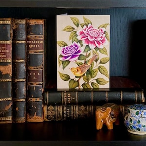 Chinoiserie wenskaart bloem en vogel/pioenroos en gele vogel blanco kunstkaart/origineel kunstwerk/luxe bloemen Moederdagkaart