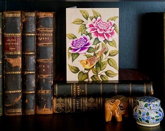 Carte de voeux chinoiserie fleur et oiseau/carte d'art vierge pivoine et oiseau jaune/oeuvre d'art originale/carte florale de luxe pour la fête des mères