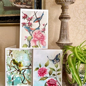 Set van 3 chinoiseriewenskaarten/bloemen, vlinders en vogels blanco kunstkaart/origineel kunstwerk/luxe wenskaarten/Moederdagkaart