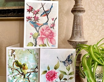 Lot de 3 cartes de voeux chinoises/cartes d'art vierges fleurs, papillons et oiseaux/oeuvre d'art originale/cartes de voeux de luxe/carte de fête des mères