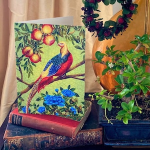 Wenskaart Chinoiserie Fazant/Luxe blanco kaart/Goudfazant granaatappels en pioenroos/Originele chinoiserie kunst/Moederdagkaart